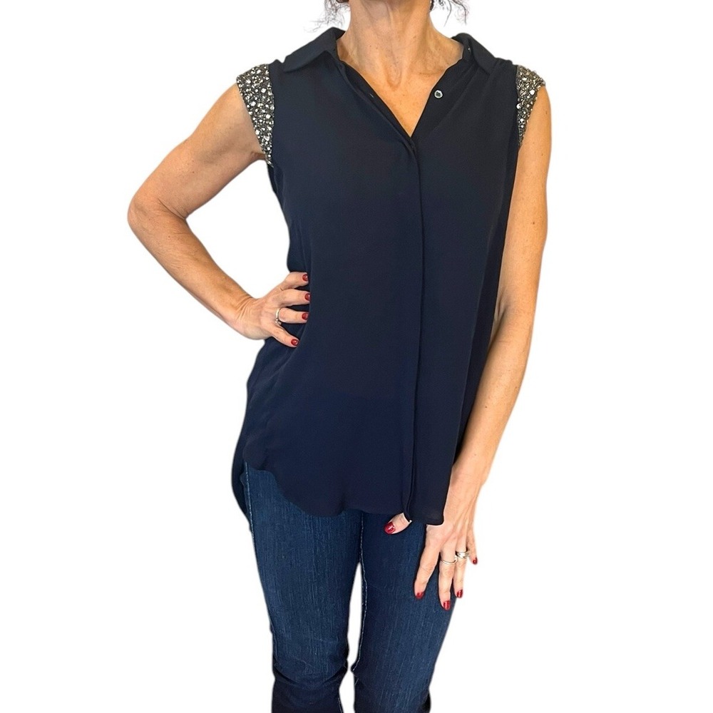 Women's HAUTE HIPPIE Navy Blue Beaded Embellished Cap Sleeve Silk Blouse S $395 - Picture 8 of 16